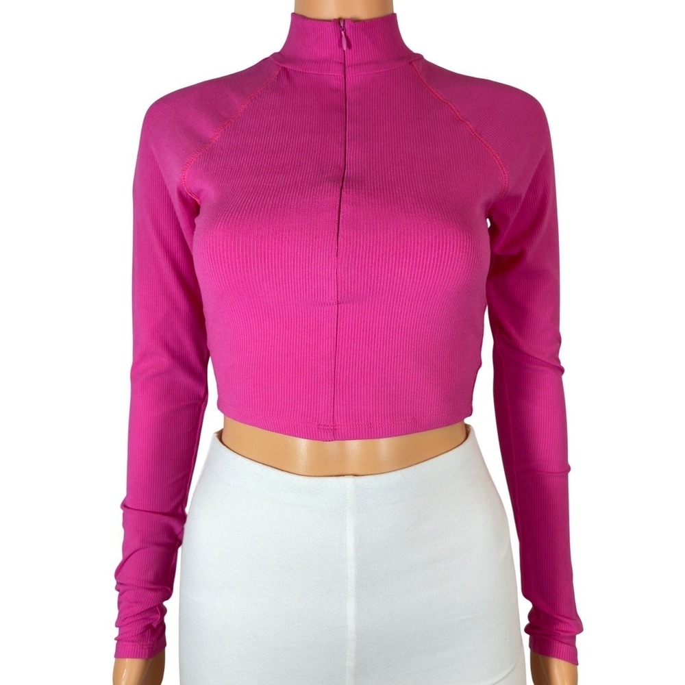 Naked Wardrobe Hot Pink Ribbed Quarter Zip Crop Top Long Sleeve NW-T2330 Medium